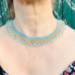 Handwoven seed beads and crystals fringe necklace